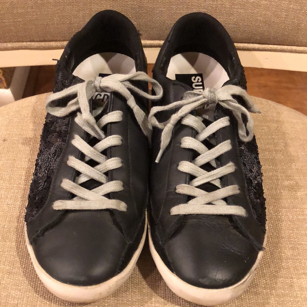 Authentic Golden Goose Deluxe Brand Black Leather & Sequin Sneaker Size 37 EUC